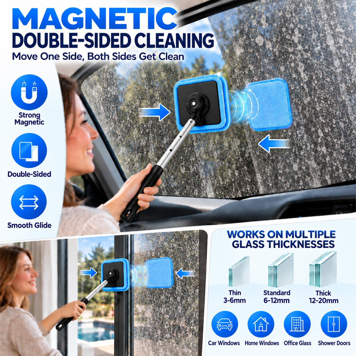 All-In-One Magnetic Window Cleaner🔥 — Dual-Sided Cleaning, Washable Pads for Home & Car | One Kit, Cleaner Glass, Less Effort 💎